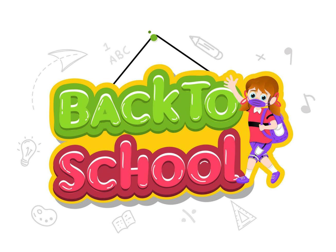 Sticker Style Back To School Text Hang With Student Girl Wearing Mask On White Background. vector