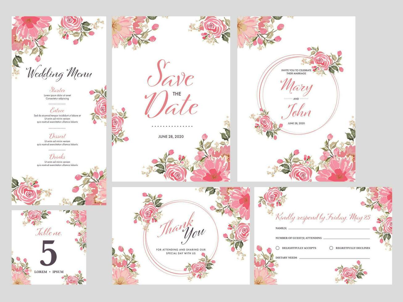 hermosa floral Boda invitación, salvar el fecha, menú, mesa número, gracias usted y rsvp tarjeta. vector