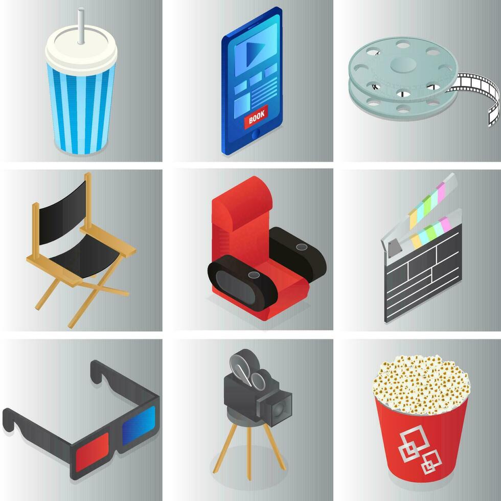 Set of colorful cinema or movie objects in 3d style. vector