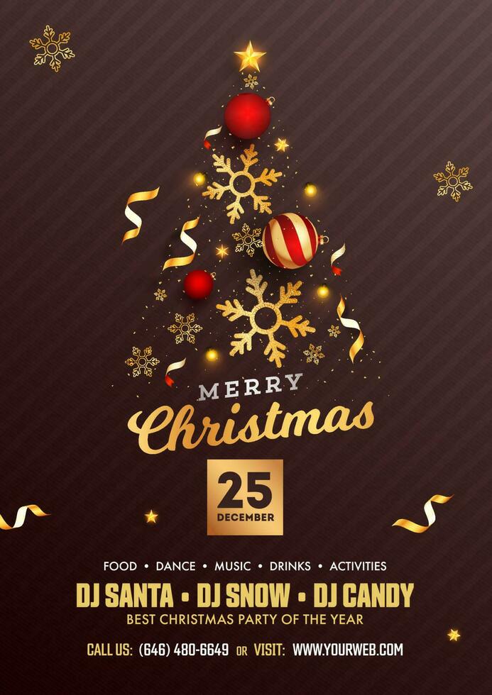 Merry Christmas Party Flyer Design with Creative Xmas Tree Made by Realistic Baubles, Golden Stars and Snowflakes on Brown Strip Background. vector