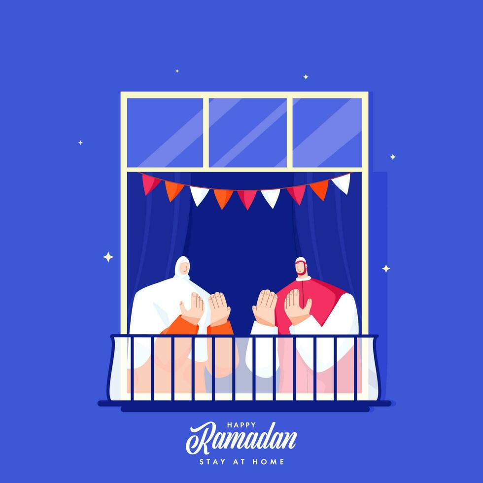 Cartoon Muslim Man And Woman Offering Namaz At Window Balcony On The Occasion Of Ramadan Festival, Stay At Home To Prevent From Covid-19. vector