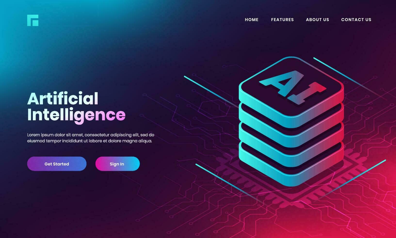 Artificial Intelligence AI concept based landing page design with 3d AI web server on digital circuit background. vector