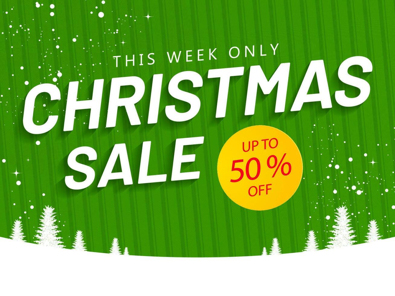 Christmas Sale banner or poster design with discount offer and xmas tree on green striped pattern and snowy background. vector