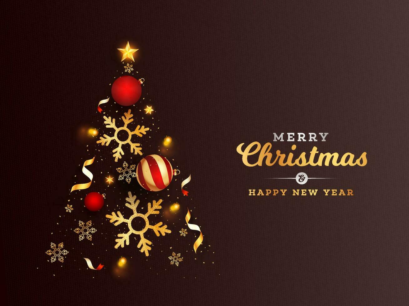 Creative Xmas tree made by golden stars, snowflakes and baubles on brown background for Merry Christmas and Happy New Year celebration. vector