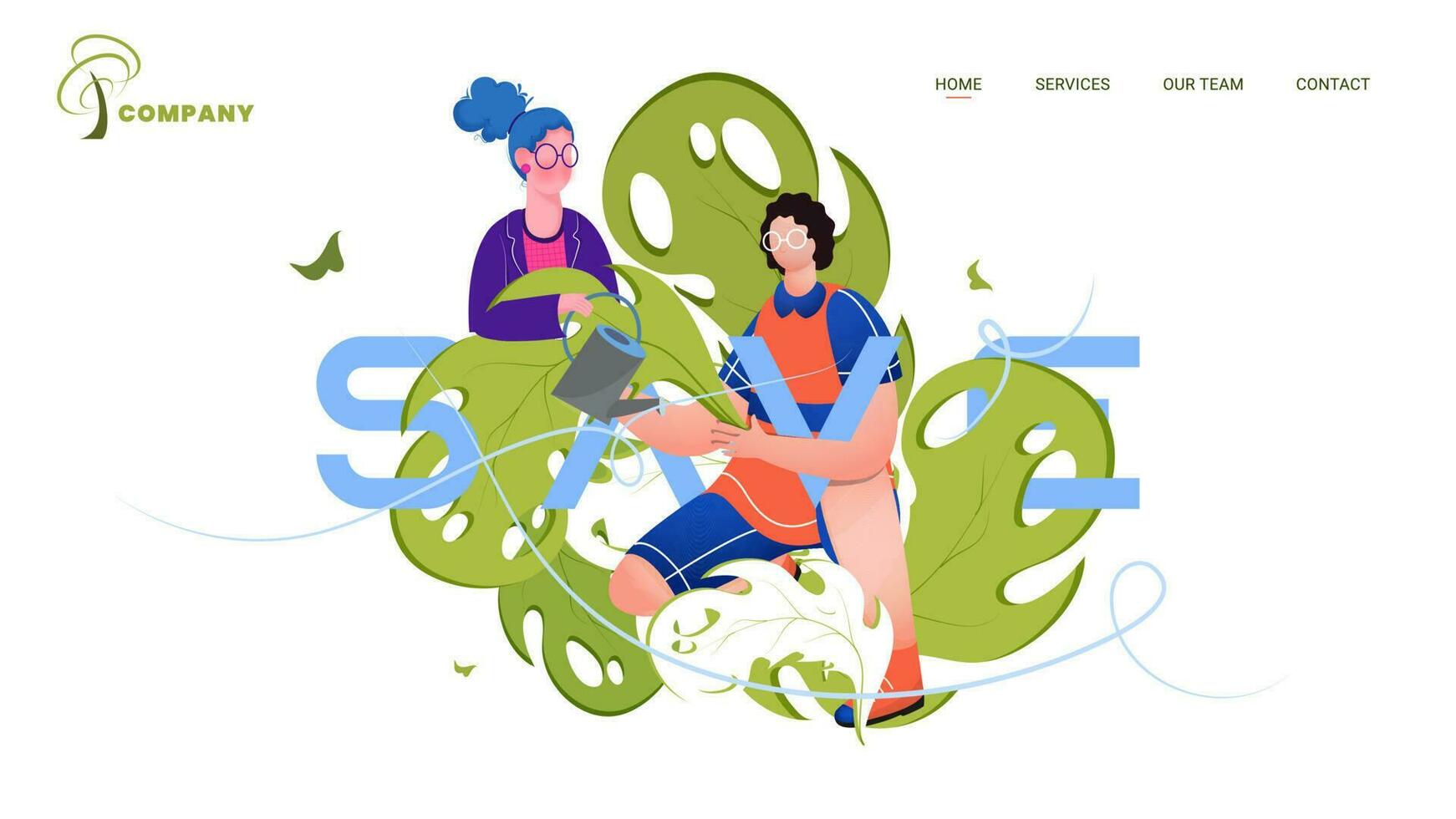 Illustration of gardening man and woman watering on nature field for Save Environment concept based landing page design. vector