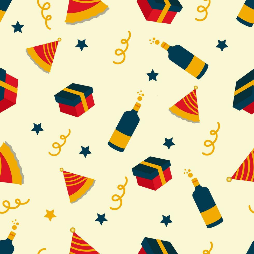 Pastel Yellow Background Decorated With Gift Boxes, Party Hats, Champagne Bottles, Stars And Confetti Ribbons. vector