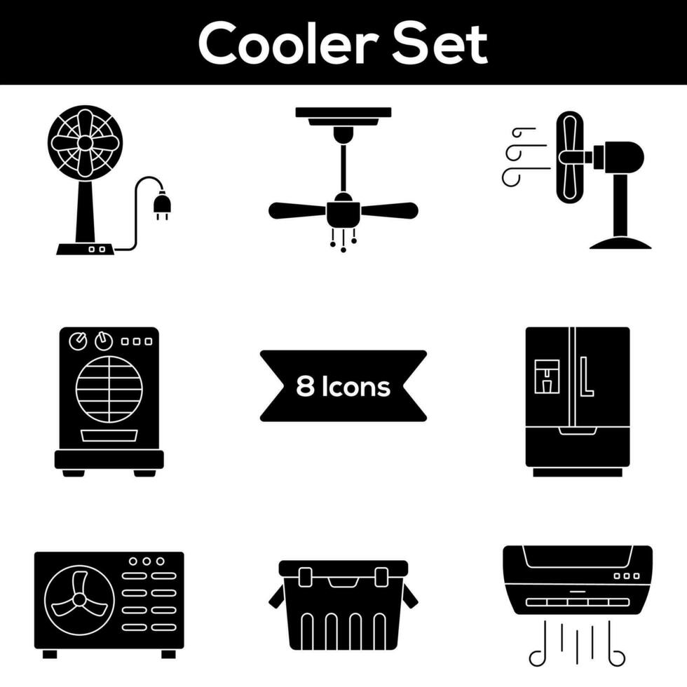 Isolated Glyph Cooler Icon Set in Flat Style. vector