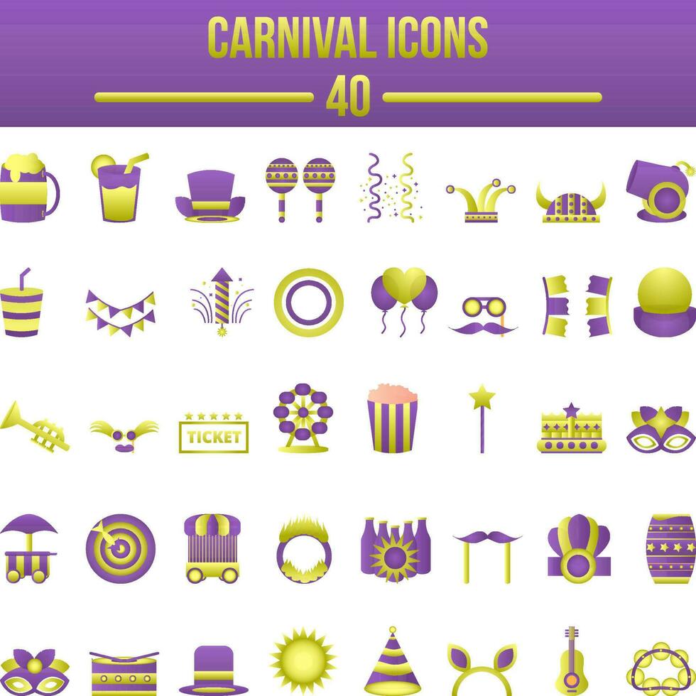 púrpura y verde color conjunto de carnaval icono en plano estilo. vector