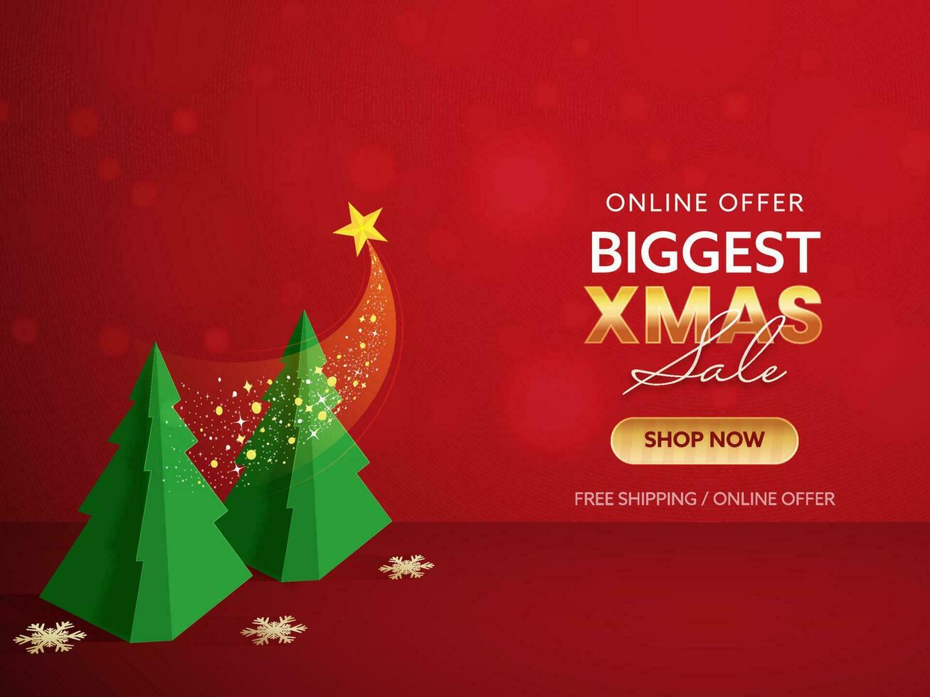 Biggest Xmas Sale Poster Design With Green Paper Christmas Trees And Golden Snowflakes On Red Background. vector