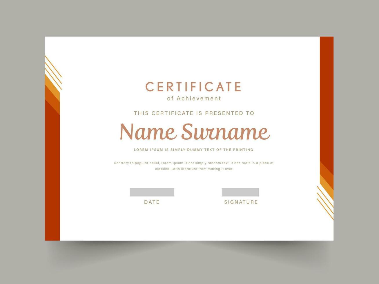 Certificate Of Achievement Award Template Design In White And Orange Color. vector