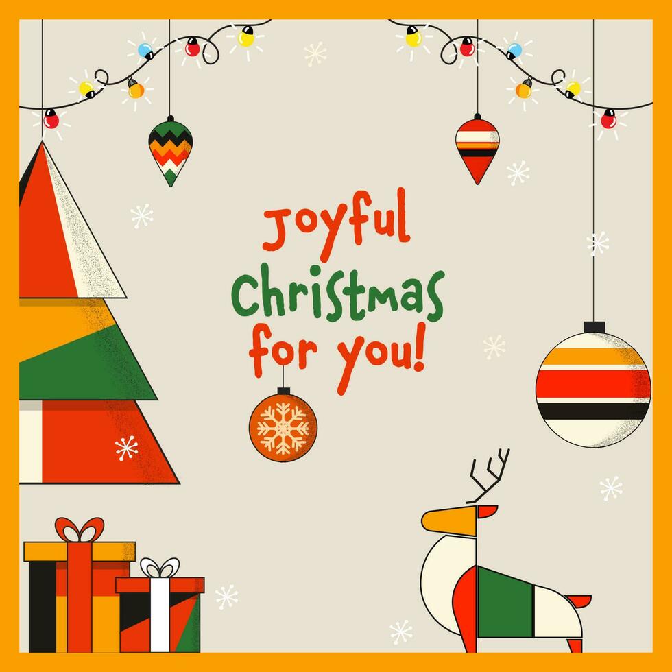 Joyful Christmas Celebration Background With Colorful Xmas Tree, Gift Boxes, Reindeer And Baubles Hang. vector