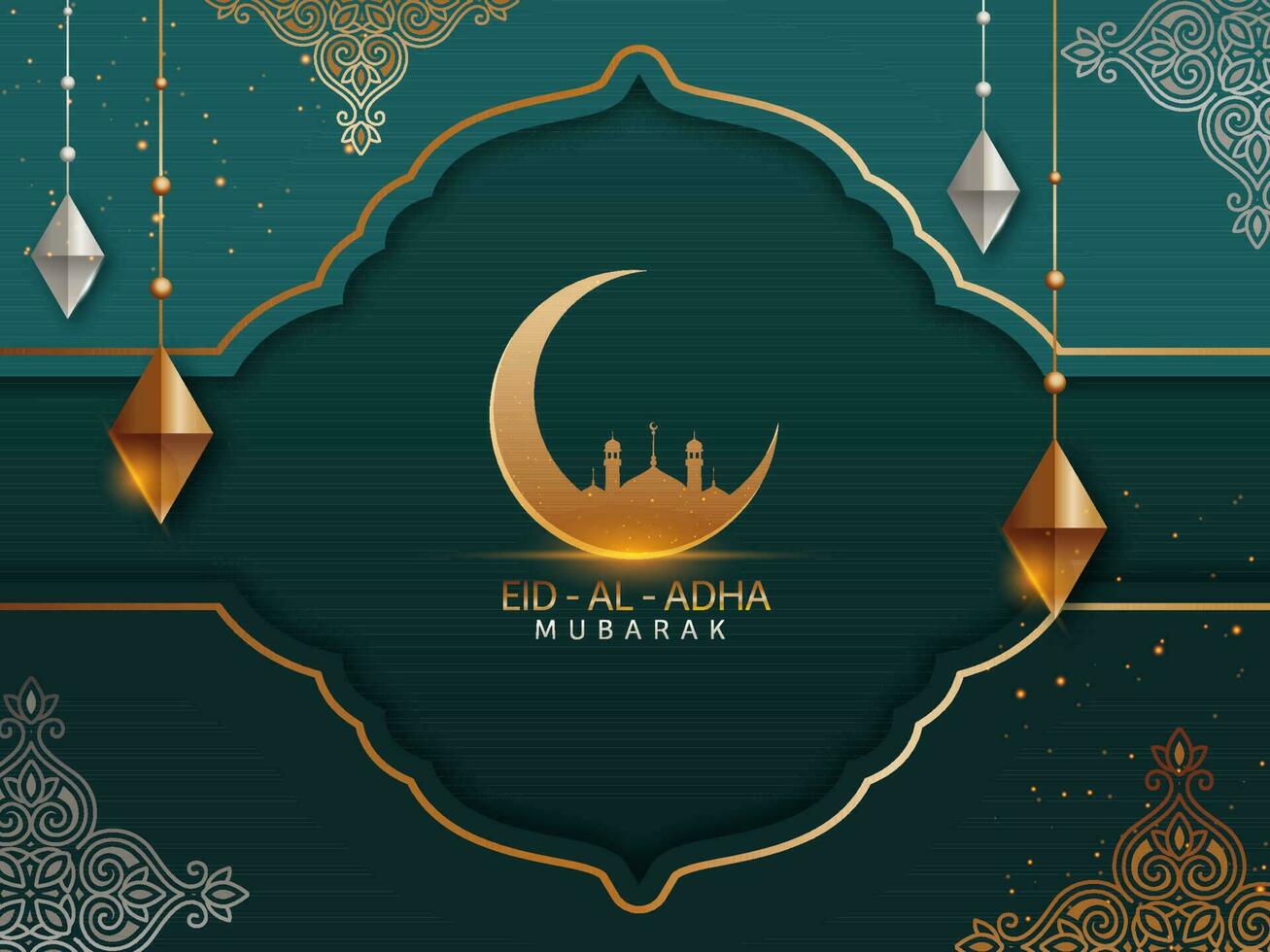 Eid al-Adha Mubarak concepto con dorado creciente luna, mezquita y 3d rombo forma colgar en verde azulado antecedentes. vector
