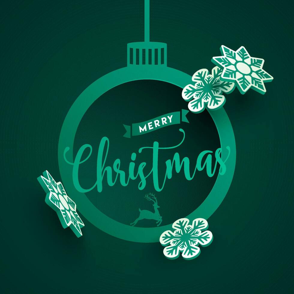 caligrafía de alegre Navidad en verde chuchería forma saludo tarjeta diseño decorado con 3d papel copos de nieve. vector
