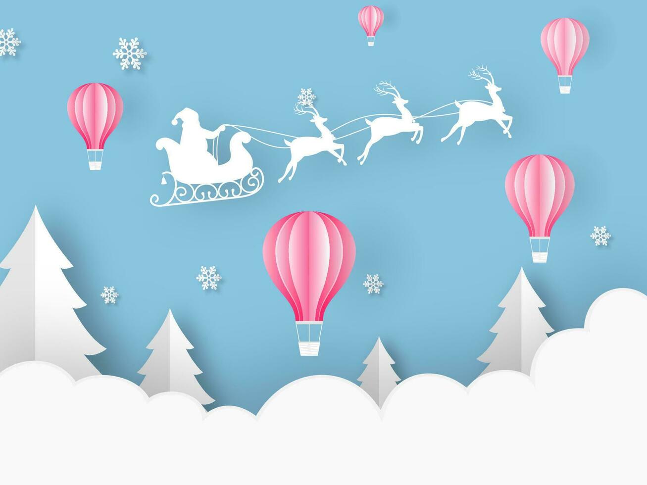 Paper cut style hot air balloons, Xmas tree, snowflakes and silhouette santa riding reindeer sleigh on cloudy blue background for Merry Christmas celebration. vector