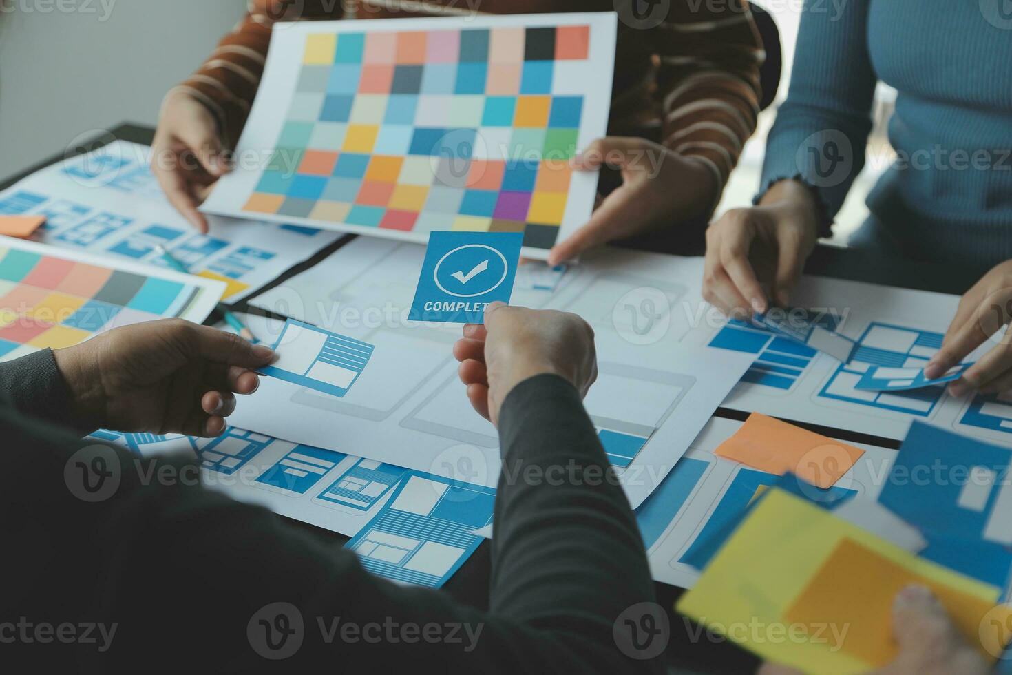 ux Graphic designer creative sketch planning application process development prototype wireframe for web mobile phone . User experience concept. photo