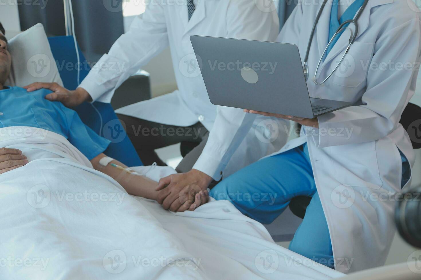 Injured patient showing doctor broken wrist and arm with bandage in hospital office or emergency room. Sprain, stress fracture or repetitive strain injury in hand. Nurse helping customer. First aid. photo