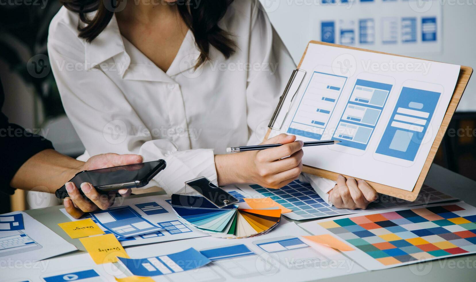 ux Graphic designer creative sketch planning application process development prototype wireframe for web mobile phone . User experience concept. photo