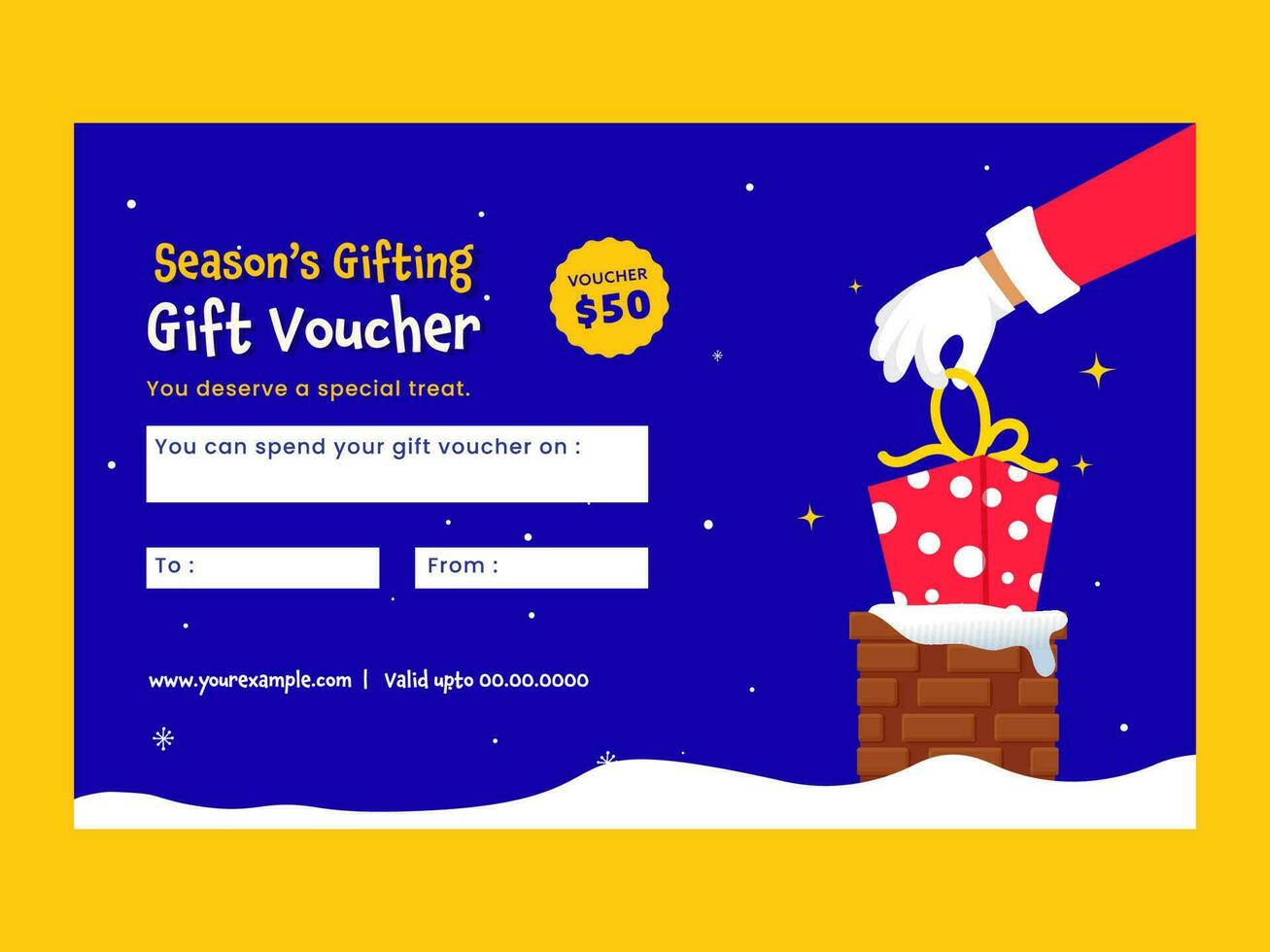 Season's Gift Voucher Design With Santa Hand Put A Gift Box Into Chimney On Blue Snowfall Background. vector