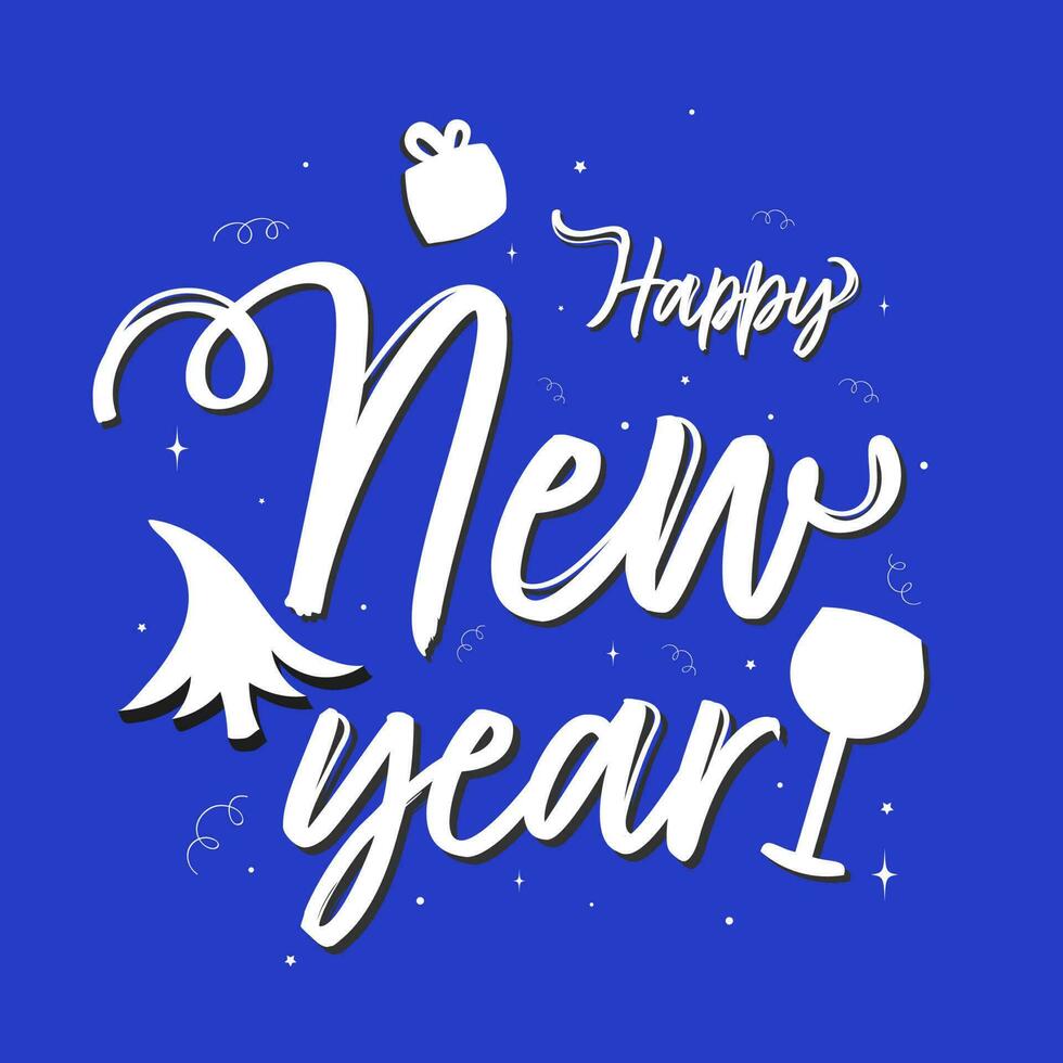 Paper Cut Happy New Year Font With Gift Box, Xmas Tree, Cocktail On Blue Background. vector