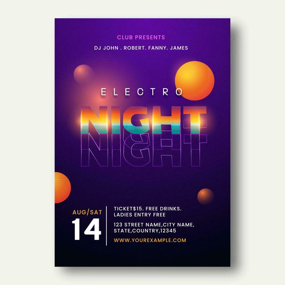 Electro Night Party Template Design With Venue Details In Purple Color. vector