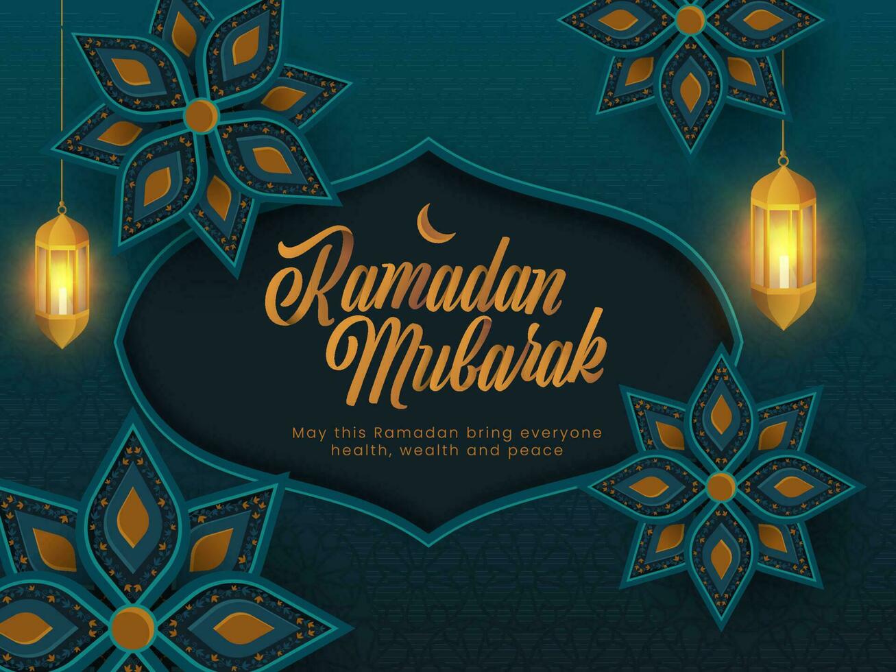 Brown Ramadan Mubarak Font With Crescent Moon, Illuminated Lanterns Hang On Dark Teal Arabic Pattern Background. vector
