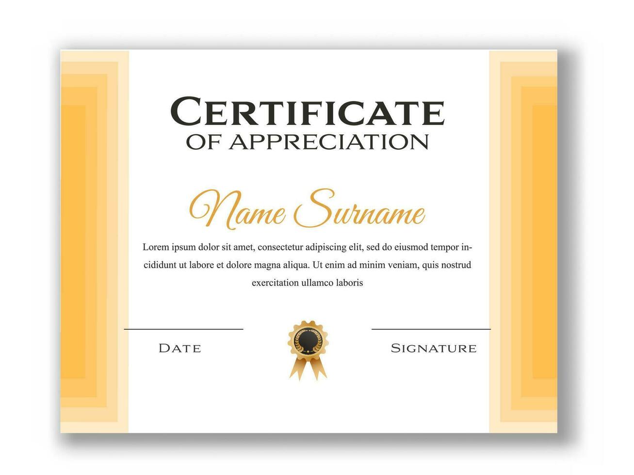 Certificate Of Appreciation Award Template Design In Yellow And White Color. vector