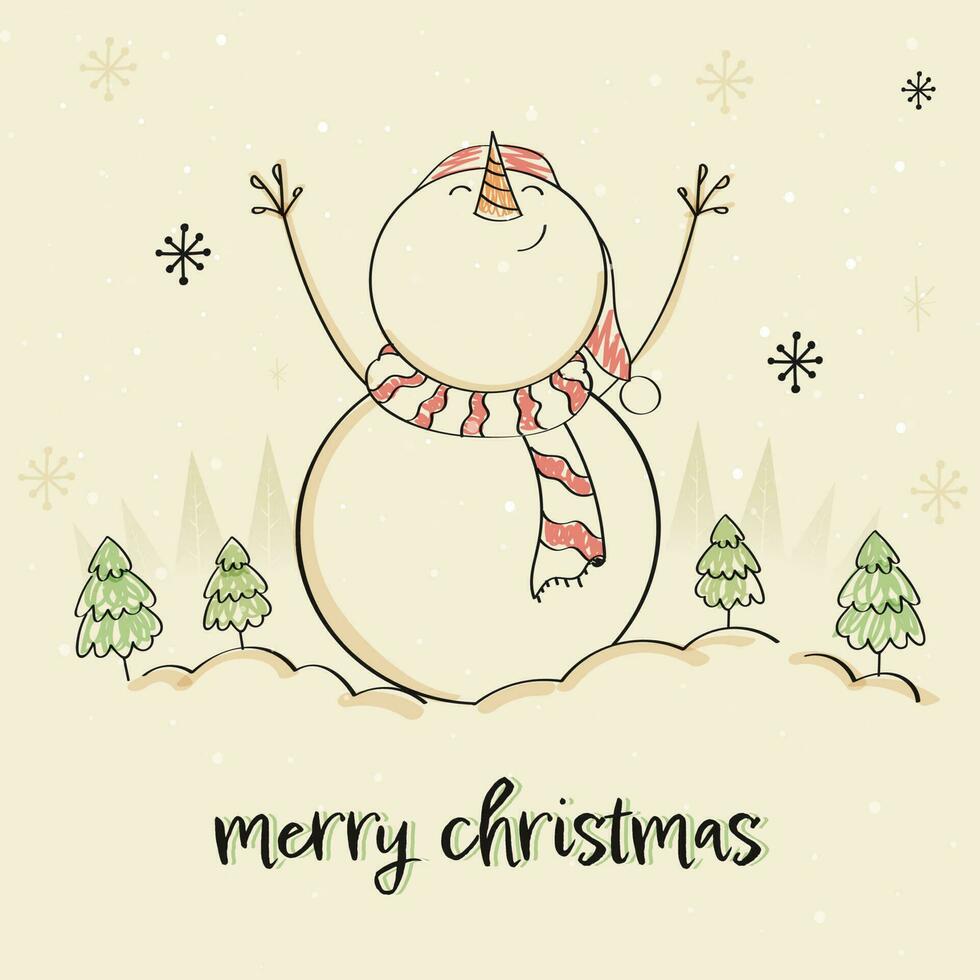 Doodle Style Snowman Looking Up At The Falling Snow On Beige Xmas Tree Background. vector