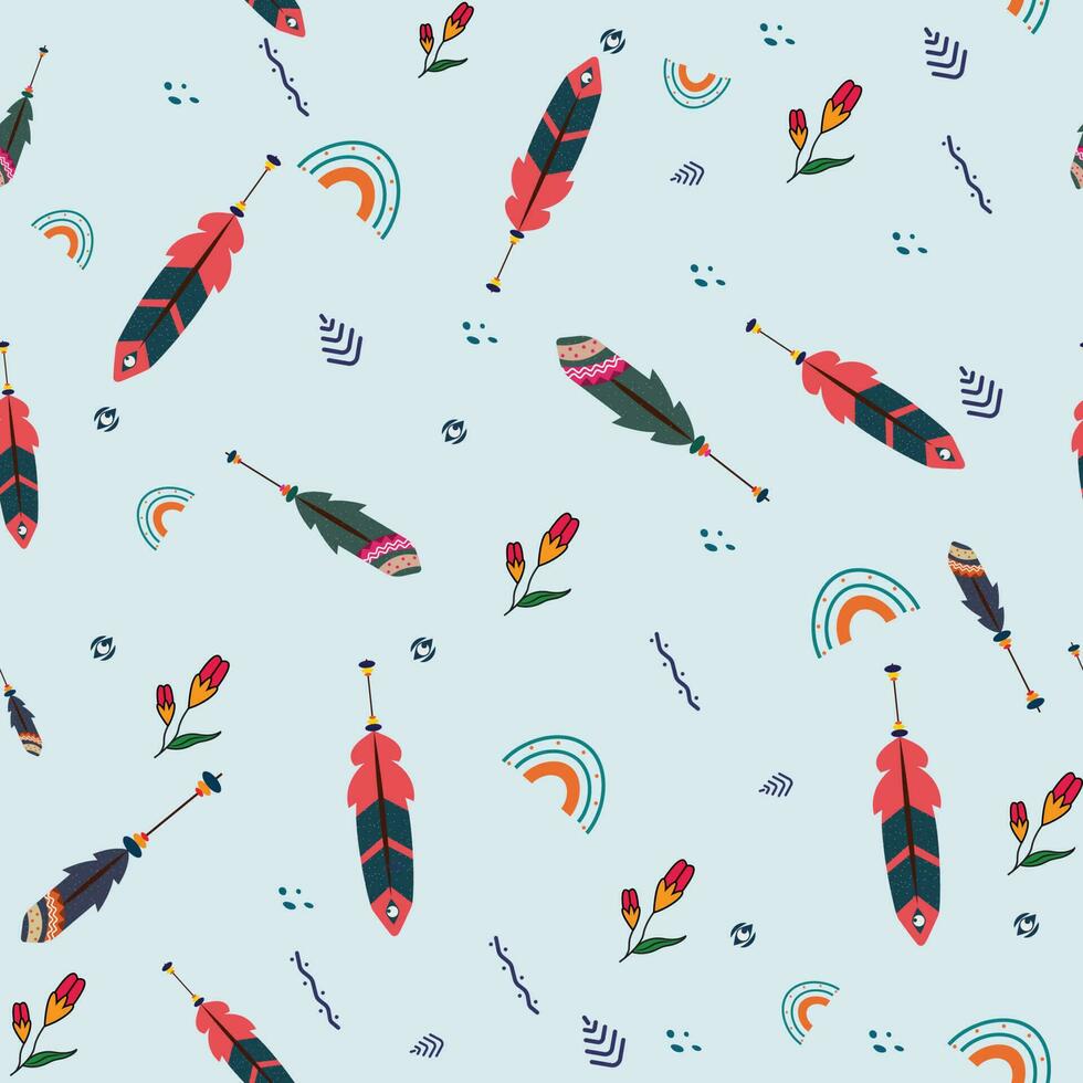 Ethnic Feathers With Flower Buds And Rainbow Decorated On Blue Background. vector