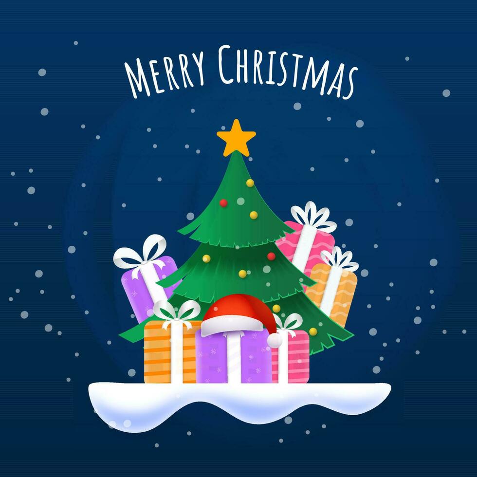 Merry Christmas Poster Design With Xmas Tree, Colorful Gift Boxes And Santa Cap On Blue Snow Falling Background. vector