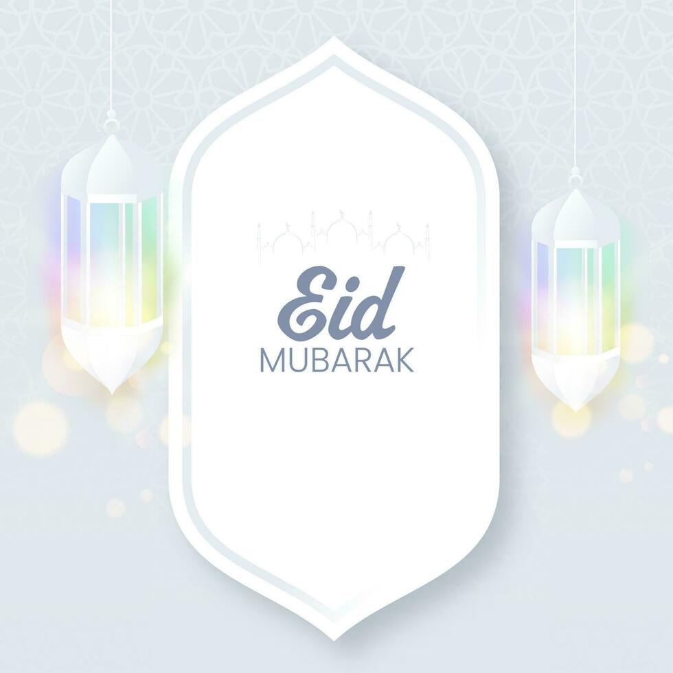 Eid Mubarak Celebration Concept With Lit Lanterns Hang On White And Gray Islamic Pattern Background. vector