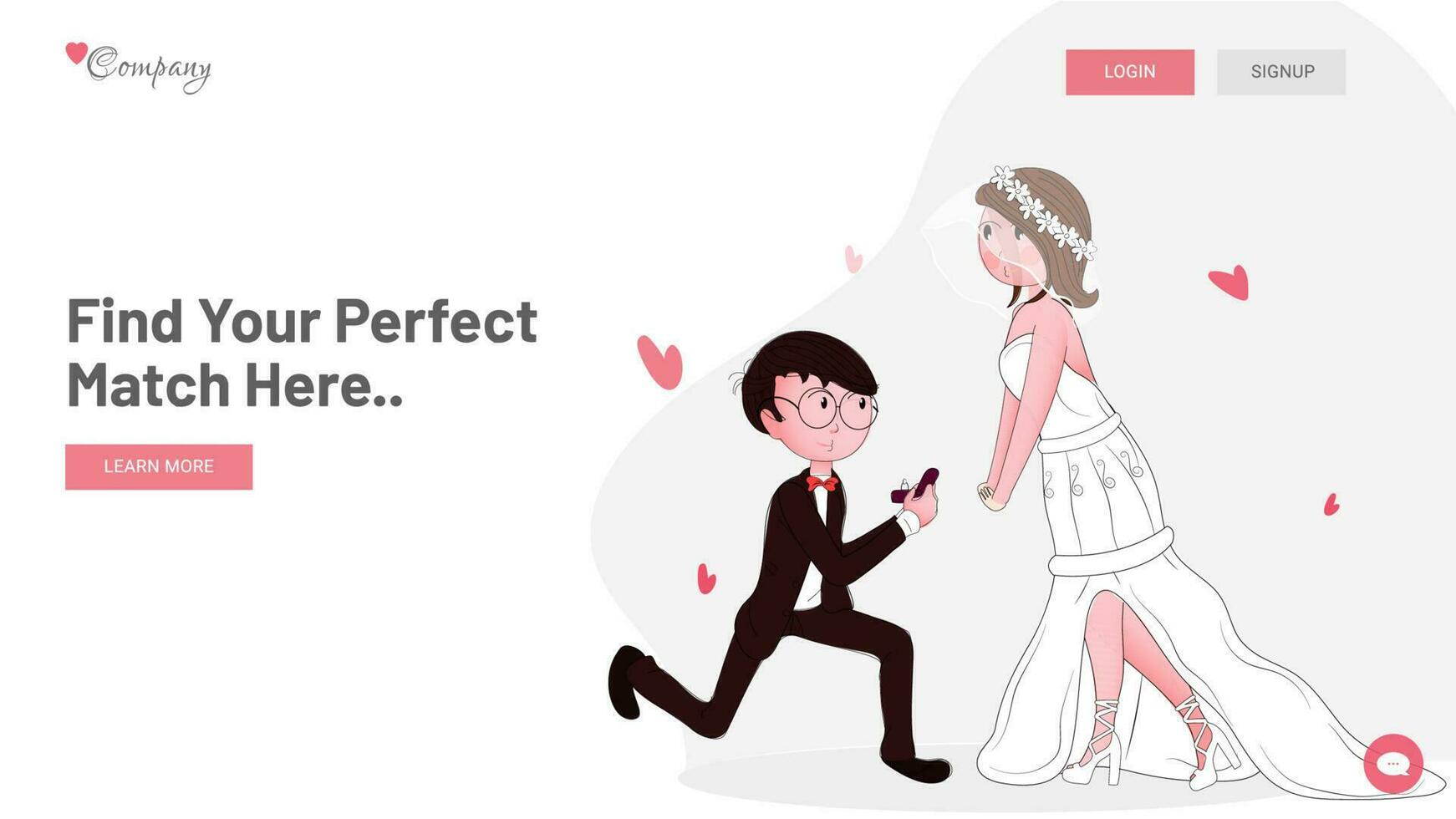 Find your perfect match landing page design with illustration of boy proposing to his beloved for wedding or dating. vector