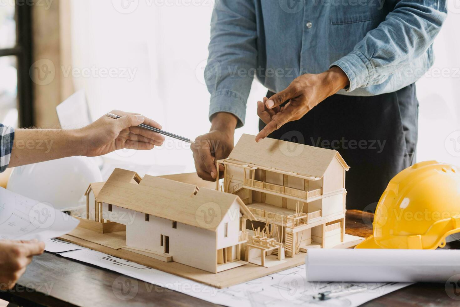 Architectural Office desk background construction project ideas concept, With drawing equipment with mining light photo