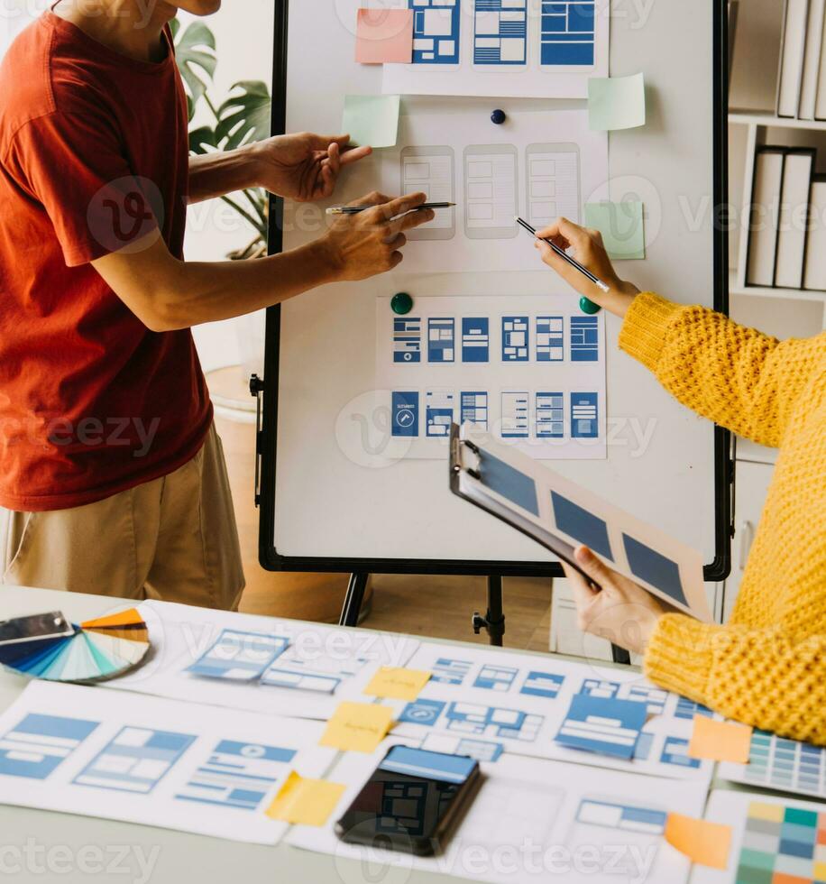 ux Graphic designer creative sketch planning application process development prototype wireframe for web mobile phone . User experience concept. photo