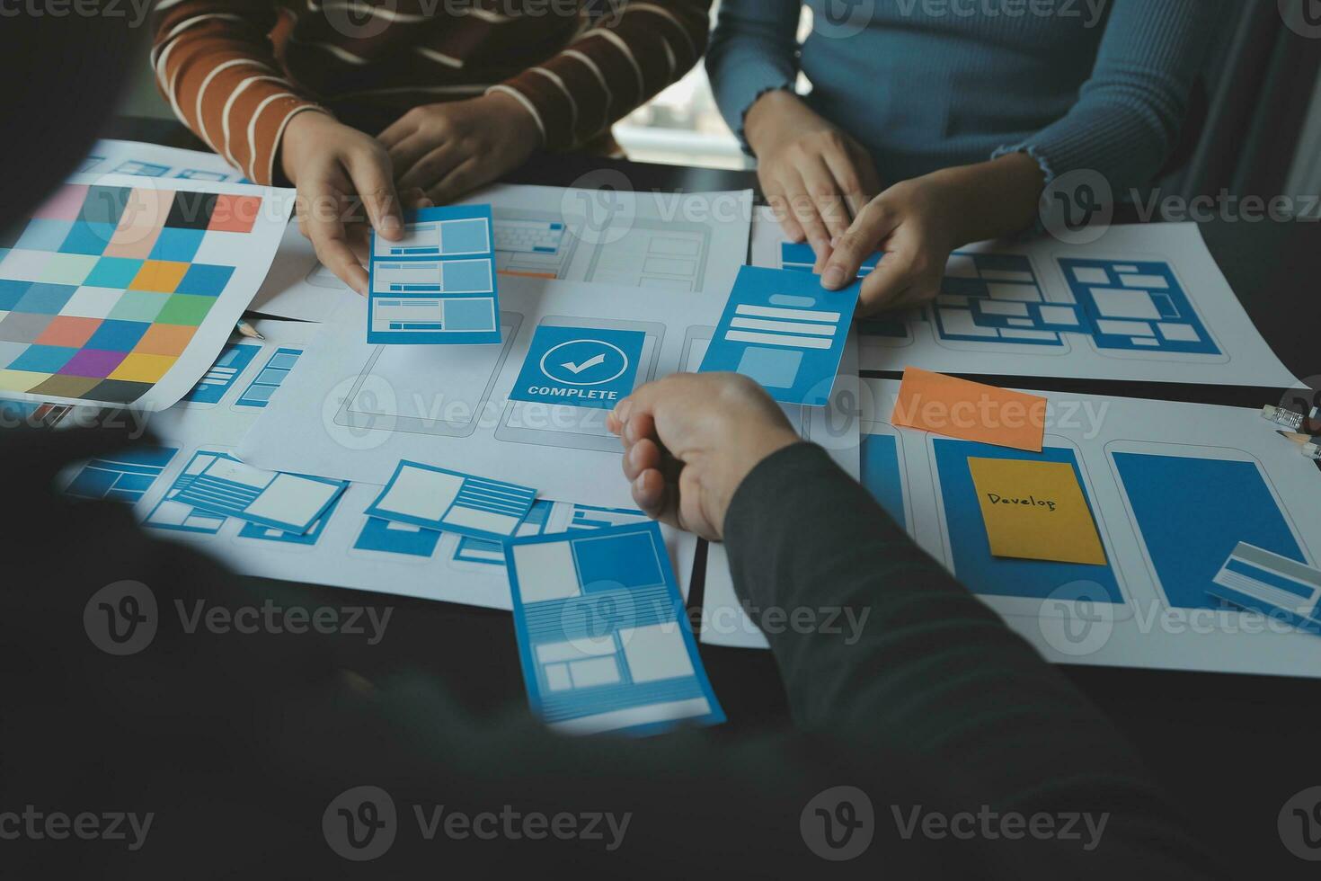 ux Graphic designer creative sketch planning application process development prototype wireframe for web mobile phone . User experience concept. photo