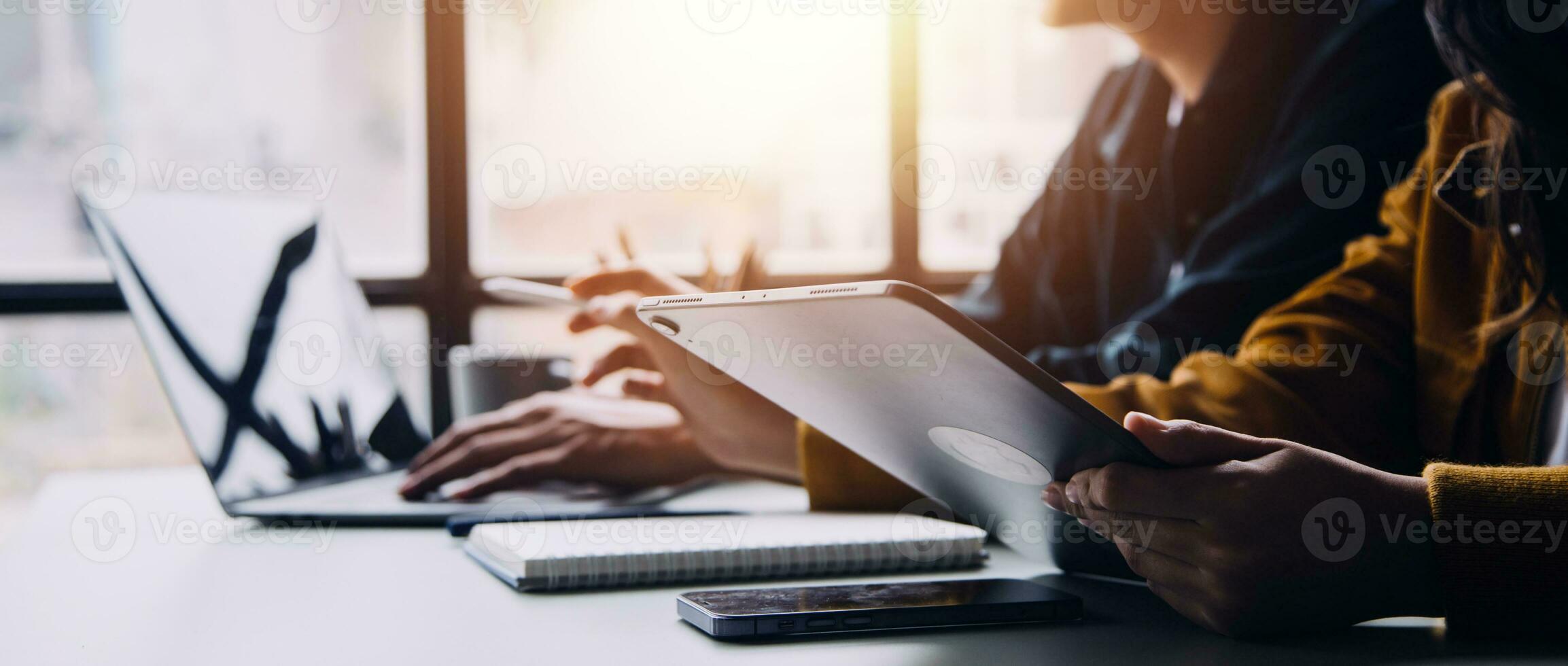 Financial Business team present. Business man hands hold documents with financial statistic stock photo, discussion, and analysis report data the charts and graphs. Finance Financial concept photo