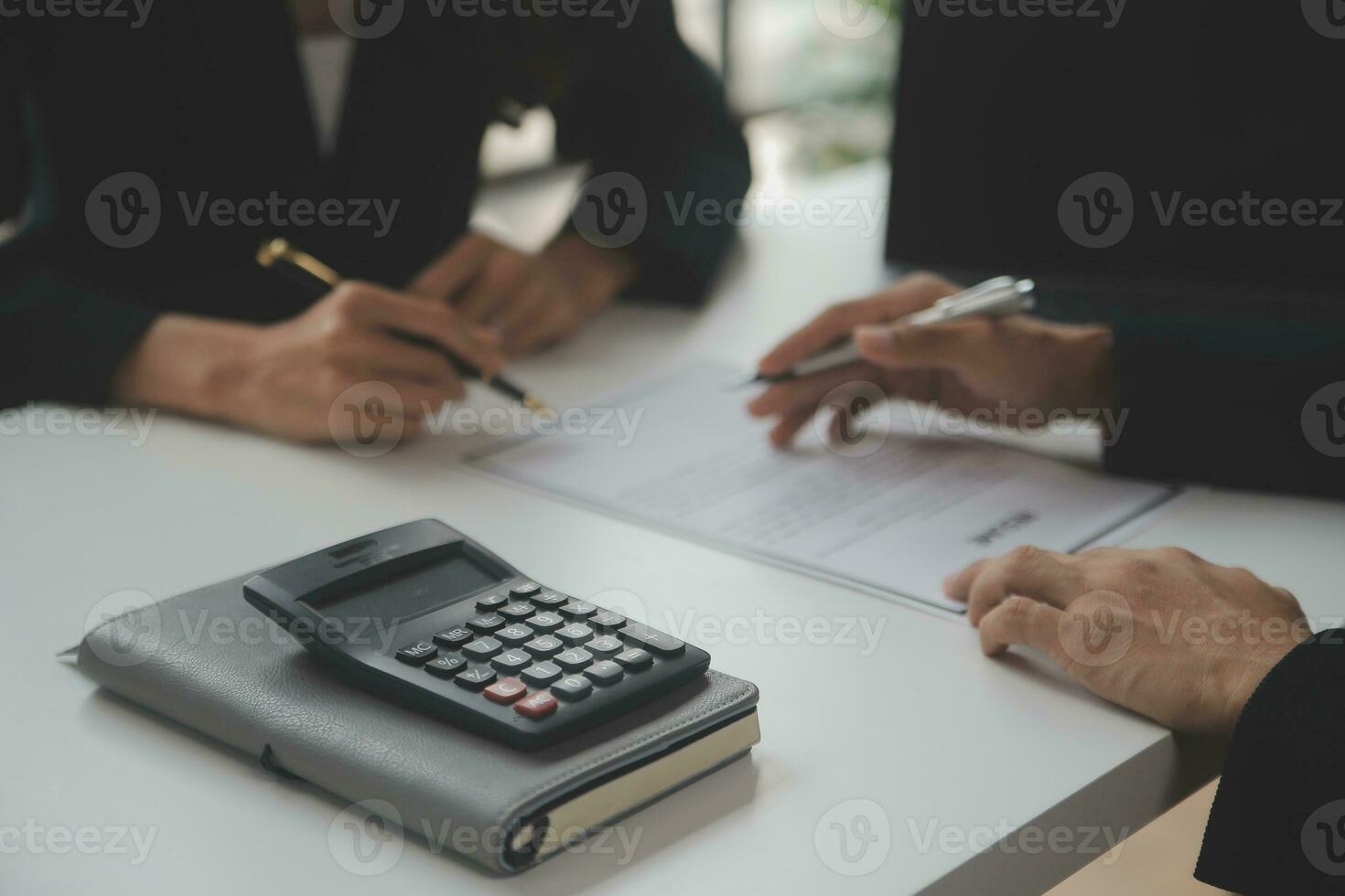 Close up view of job interview in office, focus on resume writing tips, employer reviewing good cv of prepared skilled applicant, recruiter considering application, hr manager making hiring decision photo