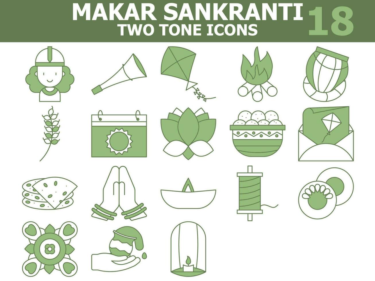 verde y blanco color conjunto de makar sankranti icono en plano estilo. vector