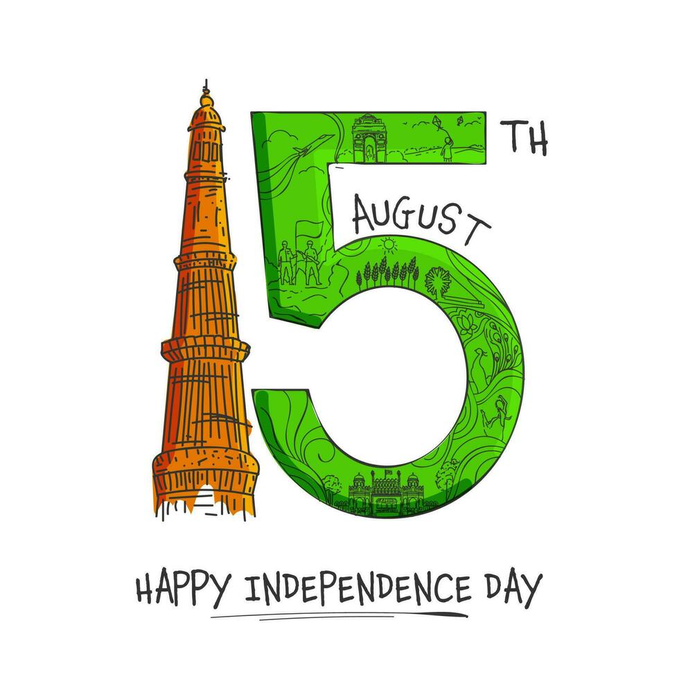 Doodle Style 15th August Text With Qutub Minar Monument On White Background For Happy Independence Day Concept. vector