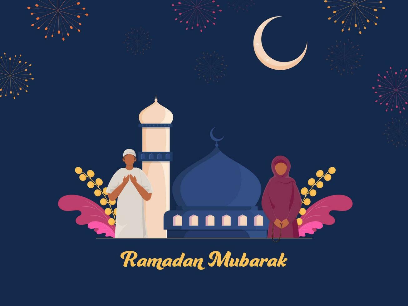 Cartoon Muslim Couple Offering Namaz With Mosque, Leaves And Crescent Moon On Blue Fireworks Background For Ramadan Mubarak. vector