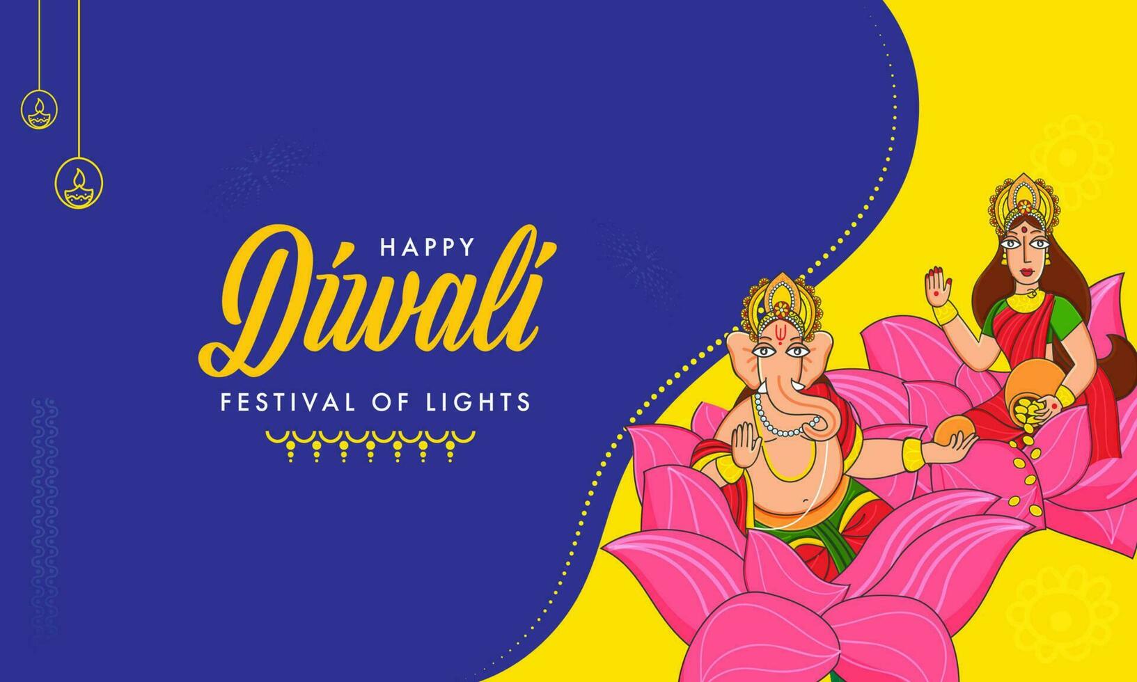 contento diwali celebracion concepto con señor ganesha y diosa lakshmi estatua en amarillo y azul antecedentes. vector