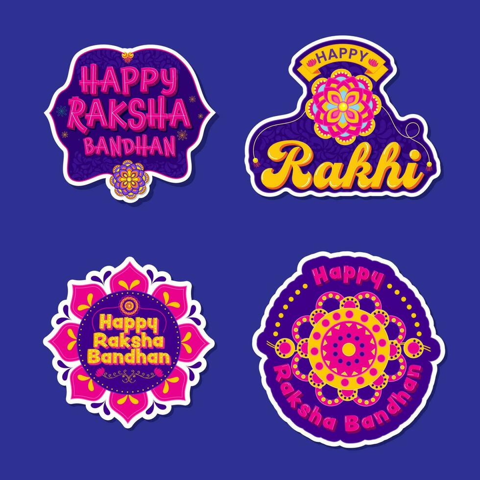 Sticker Style Happy Raksha Bandhan Font With Wristband In Four Options On Blue Background. vector