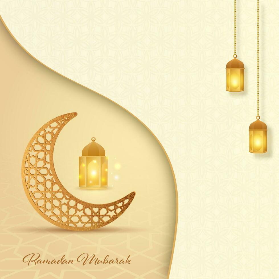 Ramadan Mubarak Font With Ornament Crescent Moon And Lit Lanterns On Pastel Brown Islamic Pattern Background. vector