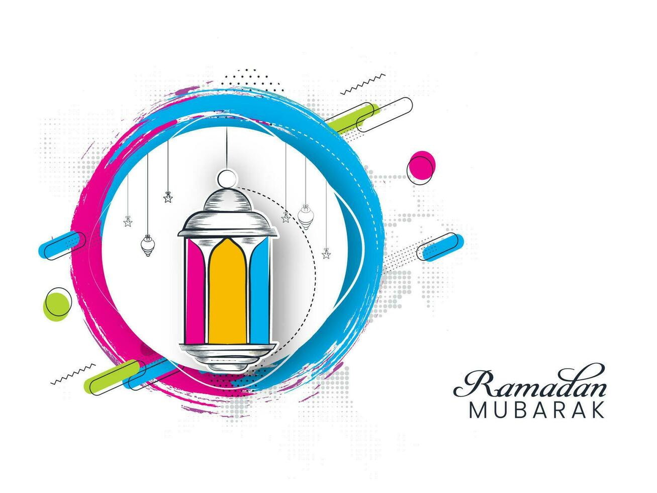 Ramadan Mubarak Font With Sticker Arabic Lantern, Linear Stars Hang And Circular Brush Stroke On White Halftone Effect Background. vector