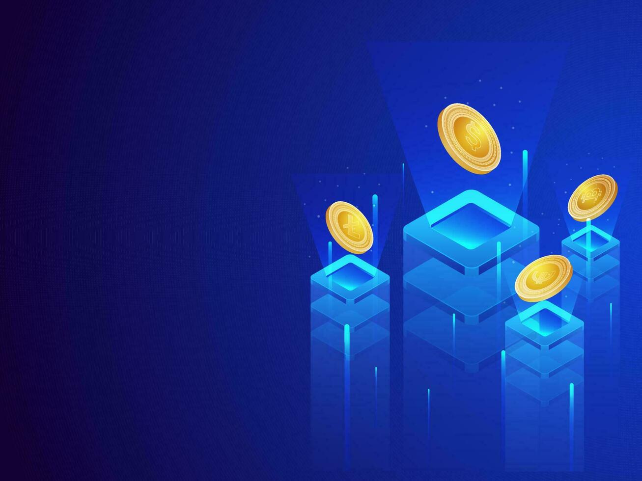 3D Illustration Of Various Type Coins Servers With Digital Rays On Blue Background. vector