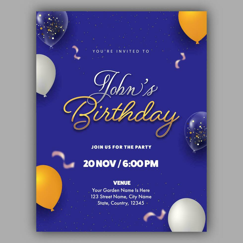 Birthday Card Template Layout Decorated With Realistic Balloons In Blue Color. vector