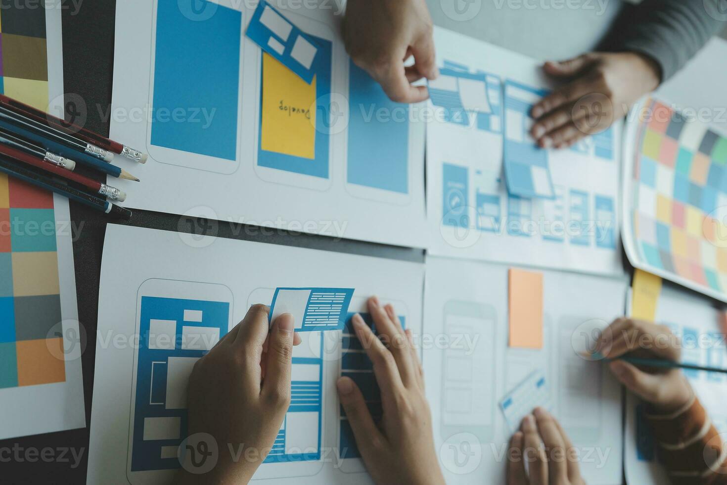 ux Graphic designer creative sketch planning application process development prototype wireframe for web mobile phone . User experience concept. photo