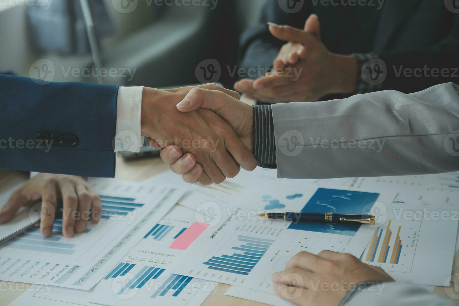 Business handshake for teamwork of business merger and acquisition,successful negotiate,hand shake,two businessman shake hand with partner to celebration partnership and business deal concept photo