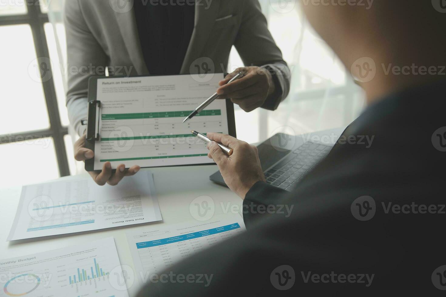 Team of business people working together in the meeting room office, teamwork background charts and graphs banner, double exposure successful teamwork,business planning concept. photo