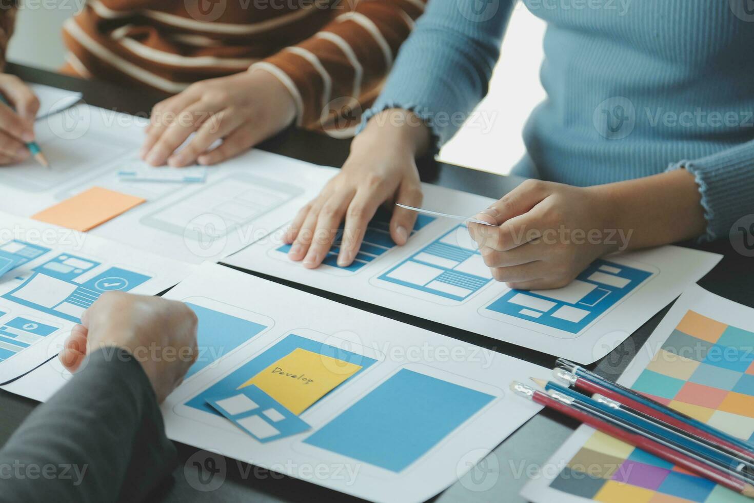 ux Graphic designer creative sketch planning application process development prototype wireframe for web mobile phone . User experience concept. photo