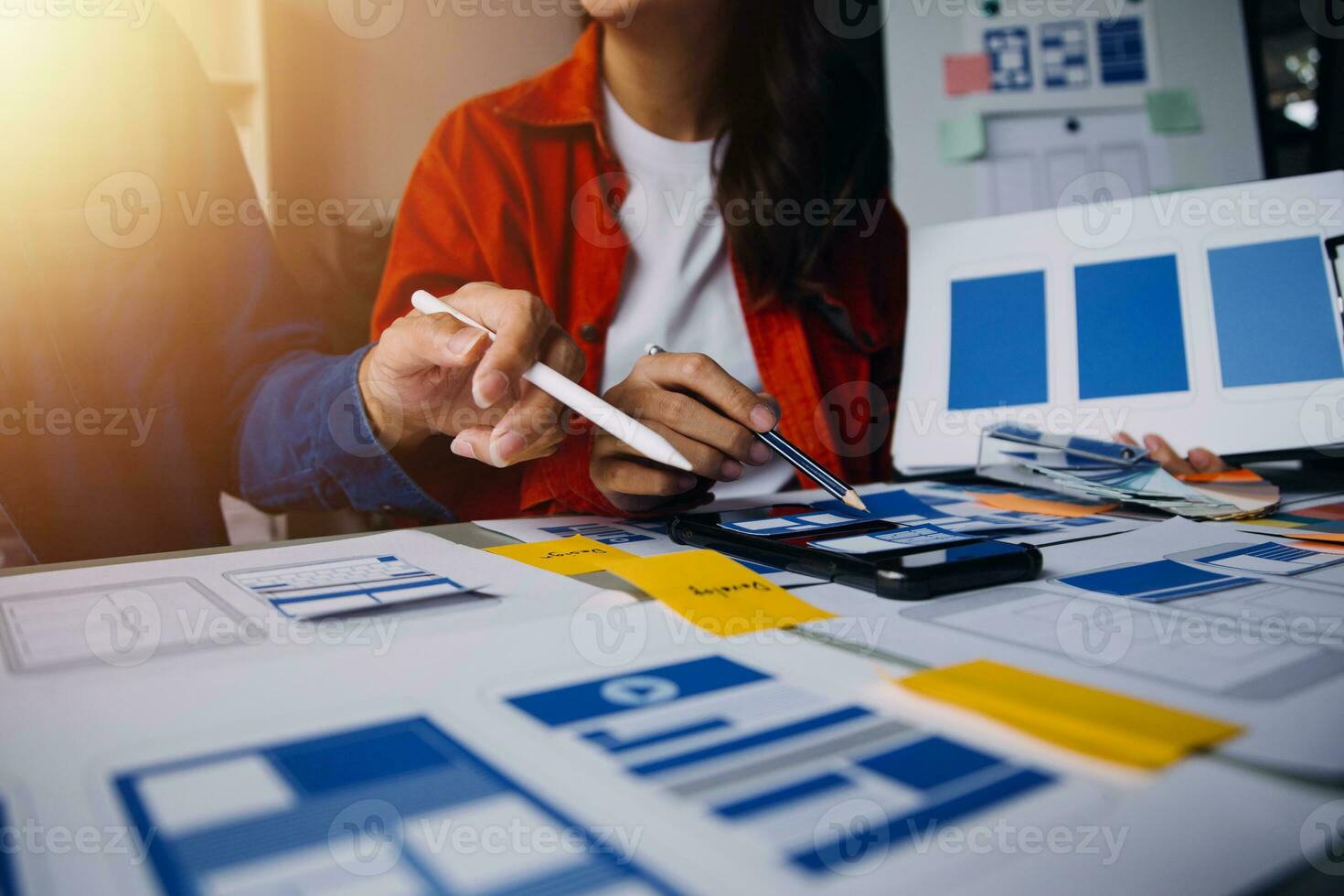 ux Graphic designer creative sketch planning application process development prototype wireframe for web mobile phone . User experience concept. photo